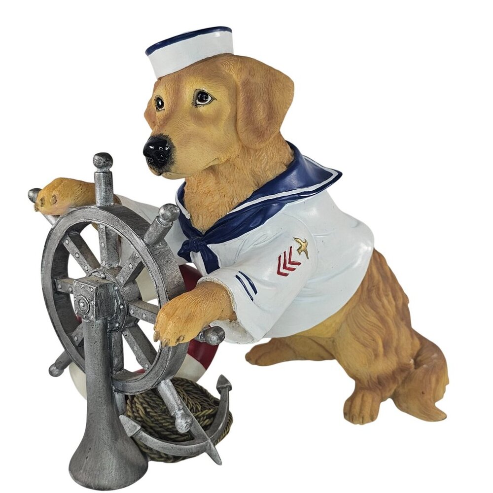 Golden Retriever Nautical Figurine In Sailor Outfit Ship Wheel By Punch Studio